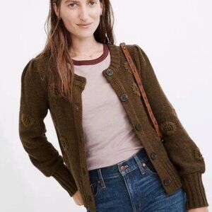 Embroidered Edencroft Pleat-Sleeve Cardigan Sweater